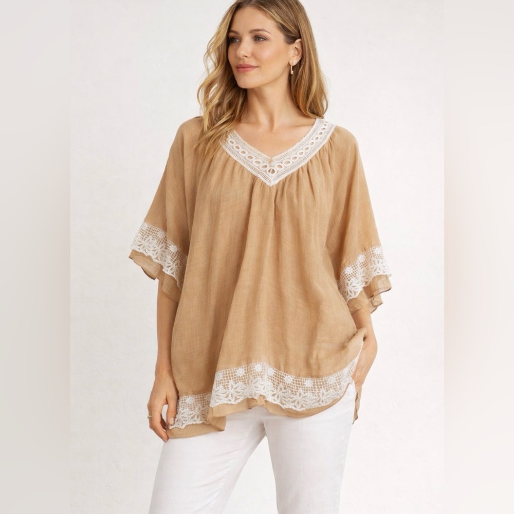 Hallhuber Elegant Tan Women's Top with Lace Trim Size L